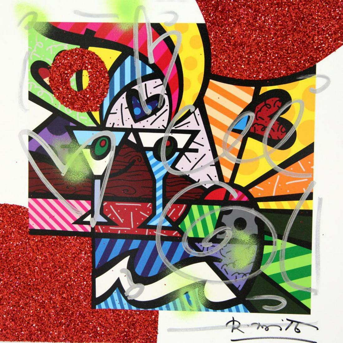 Romero Britto Original Mixed media (diamond dust, spray: Artist: Romero Britto. Medium: Original Mixed media (diamond dust, spray paint, oil pen, serigraph, on paper). Title: BEST TIME. Signature: Hand signed. Size: 14.75x14.5". Certificate of authenticity: