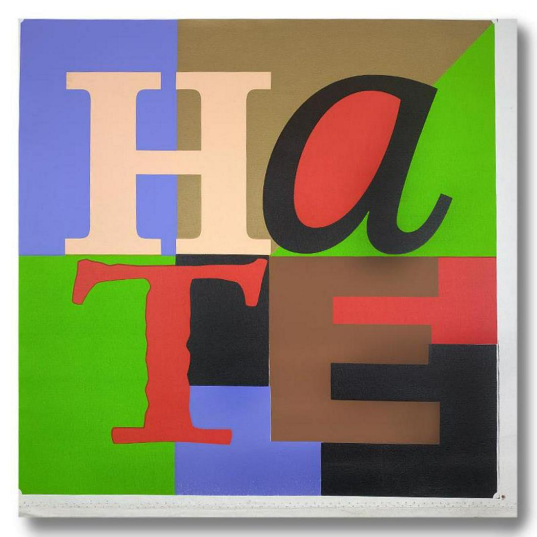 Steve Kaufman (1960-2010), "HATE" Hand Signed and: "HATE" is a limited edition hand pulled silkscreen mixed media on canvas by Andy Warhol protege Steve Kaufman (1960-2010). This piece is numbered and 23/50 and hand signed inverso. Includes letter of 