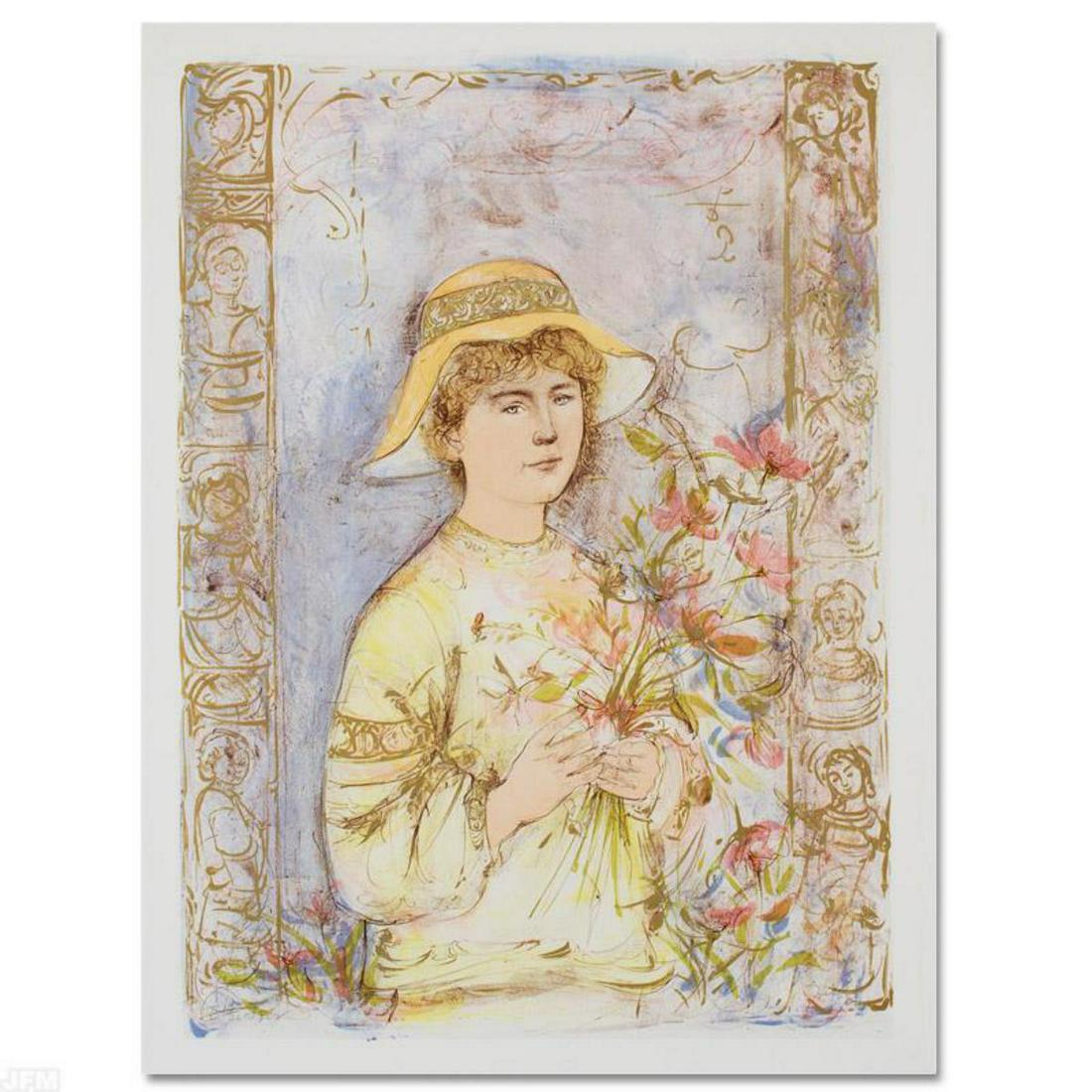 "Flora" Limited Edition Lithograph by Edna Hibel: "Flora" is a limited edition lithograph on paper, numbered and hand signed by Edna Hibel (1917-2014). Includes Certificate of Authenticity! Measures approx. 25" x 35.5" (with border), 22" x 30" (image