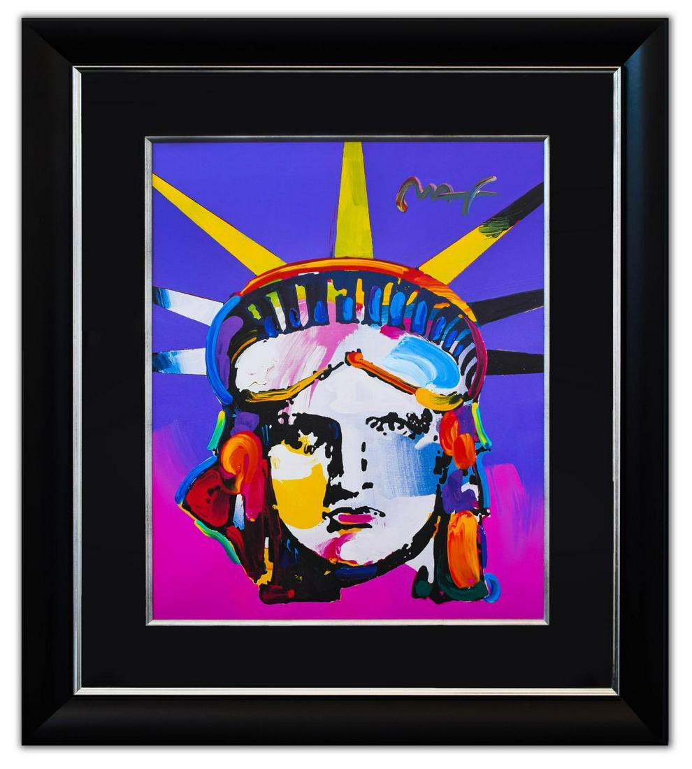 Peter Max- Original Mixed Media "Liberty Head": Artist: Peter Max. Medium: Original Mixed Media. Title: Liberty Head. Size (Unframed): 30" x 24". Size (Framed): 44" x 38". Certificate of Authenticity: From Peter Max Studio. Additional: Original one