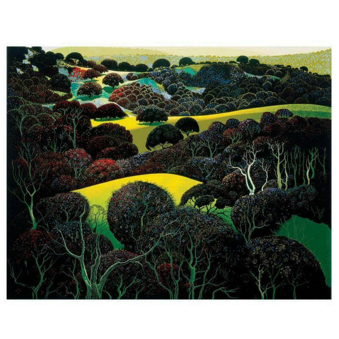 Eyvind Earle (1916-2000), "Santa Ynez Memories" Limited: "Santa Ynez Memories" is a limited edition serigraph on paper by Eyvind Earle (1916-2000). The piece is numbered, hand-signed by the artist, and accompanied by a certificate of authenticity. Measures 