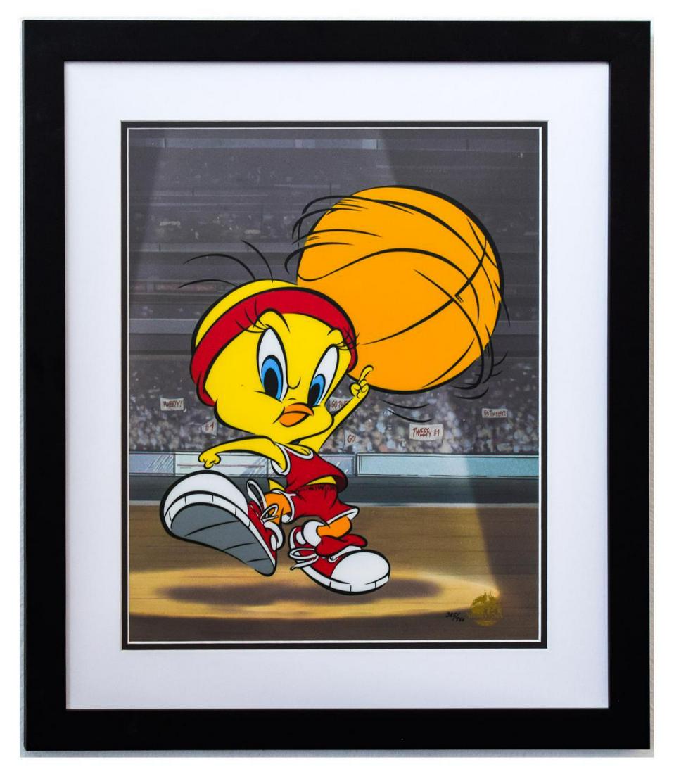 Warner Bros- Sericel "Tweety Bird Basketball": Artist: Warner Bros. Medium: Sericel. Title: Tweety Bird Basketball. Size (Unframed): 16" x 13". Size (Framed): 23" x 20". Certificate of Authenticity: Is included. Reference# 11519.