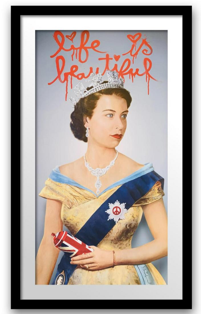 Mr. Brainwash Original Offset Lithograph on paper: Artist: Mr. Brainwash. Medium: Original Offset Lithograph on paper. Title: Queen Elizabeth. Signature: Plate signed. Size: 20x38". Frame Size: Approx. 30x48". Reference# 30333.