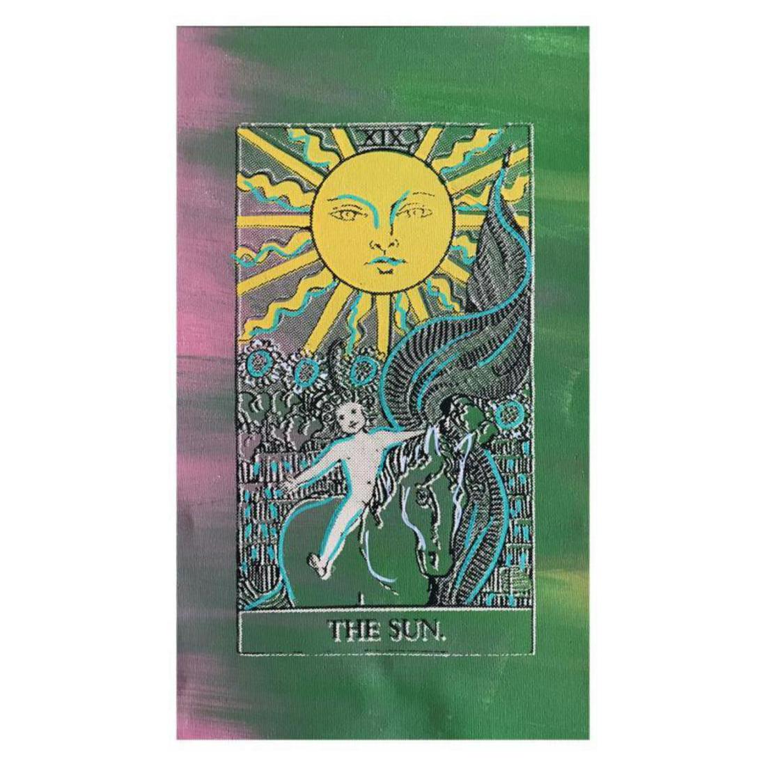 Steve Kaufman (1960-2010) "Tarot, The Sun" One of a: "Tarot - The Sun" is a one of a kind, hand painted, silkscreen on canvas by Andy Warhol protege Steve Kaufman (1960-2010). The piece is numbered and hand signed by the artist and accompanied by a lett