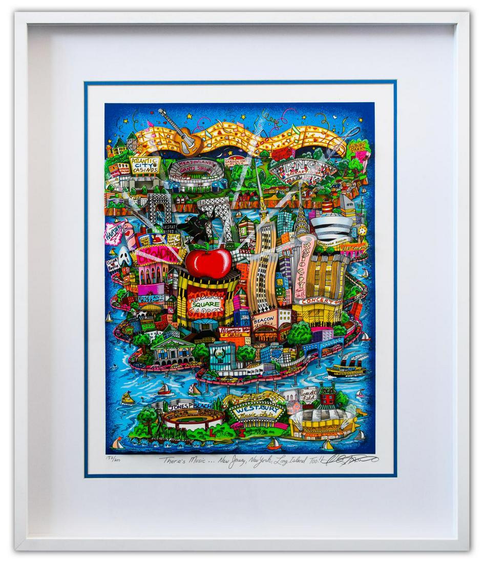 Charles Fazzino- 3D Construction Silkscreen Serigraph: Artist: Charles Fazzino. Medium: 3D Construction Silkscreen Serigraph. Title: There's Music... New Jersey, New York, Long Island Too!. Size (Unframed): 23" x 17". Size (Framed): 32" x 27". Limited Edi