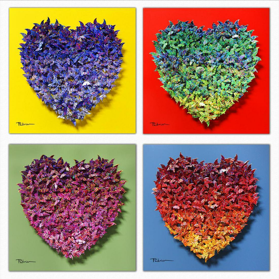 Patricia Govezensky- Original 3D Metal Art on Wood (Set: Artist: Patricia Govezensky. Medium: Original 3D Metal Art on Wood (Set of 4). Title: Hearts. Size (Unframed): 20" x 20". Certificate of Authenticity: From the publisher. Additional: Set of 4 Hand pai