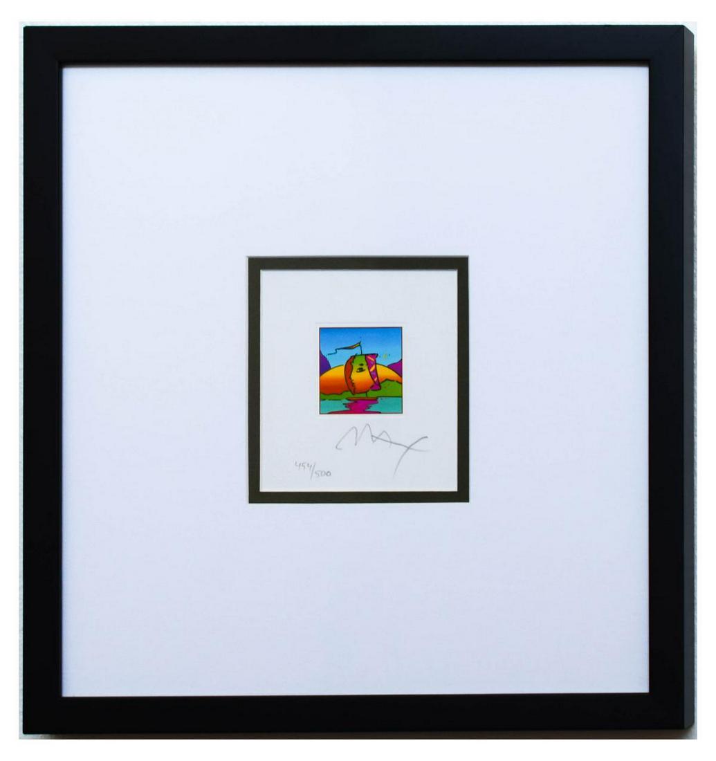 Peter Max- Original Lithograph "Sail Profile (mini)": Artist: Peter Max. Medium: Original Lithograph. Title: Sail Profile (mini). Size (Unframed): 5" x 5". Size (Framed): 15" x 14.5". Limited Edition: Numbered 454/500. Certificate of Authenticity: From P