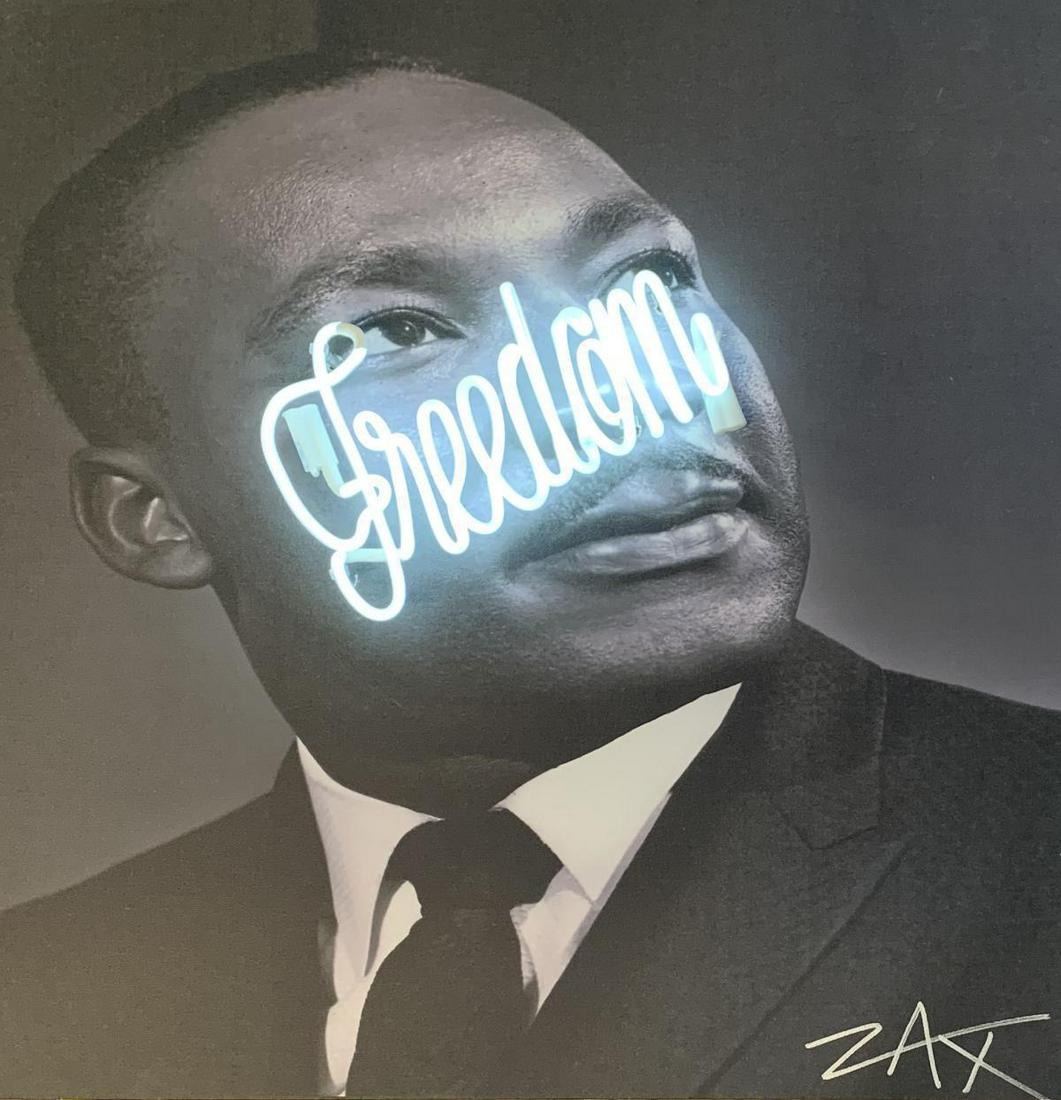 E.M. Zax Mixed Media one of a kind Neon light on Canvas: Artist: E.M. Zax. Medium: Mixed Media one of a kind Neon light on Canvas. Title: MARTIN LUTHER KING - FREEDOM. Signature: Hand Signed by the artist. Size: 34x34". Certificate of authenticity: Is Inclu