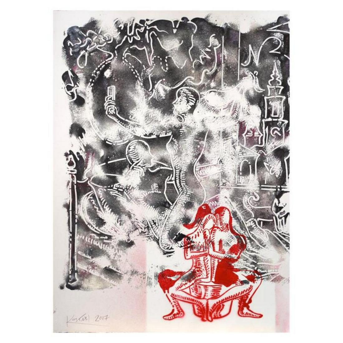 Mark Kostabi "Echoes Through The Ages" Hand Signed: "Echoes Through The Ages" is a mixed media original painting on paper, by Mark Kostabi. The piece is hand signed and comes with a certificate of authenticity. Measures approximately 30" x 22.5". Refer