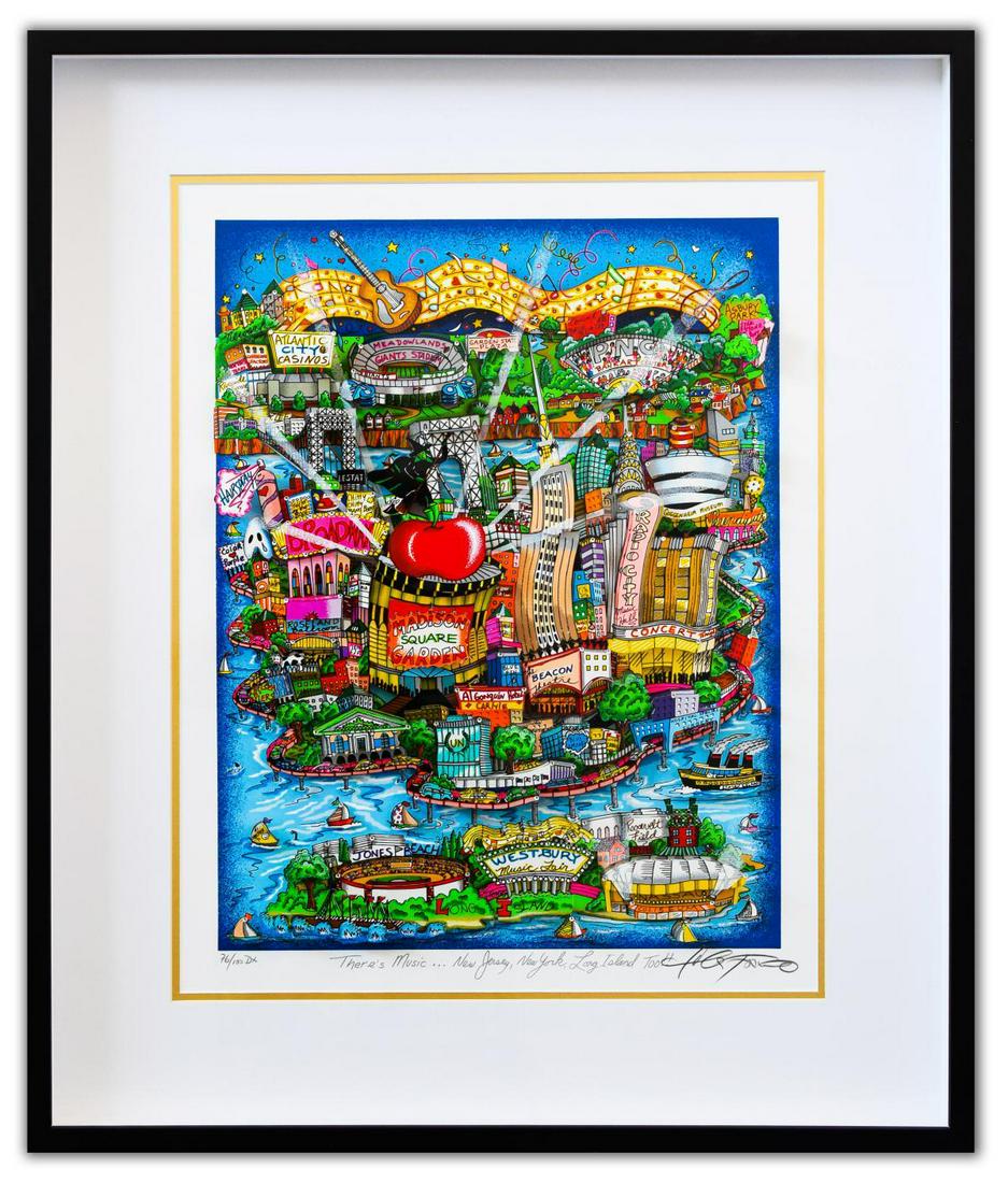 Charles Fazzino- 3D Construction Silkscreen Serigraph: Artist: Charles Fazzino. Medium: 3D Construction Silkscreen Serigraph. Title: There's Music... New Jersey, New York, Long Island Too!. Size (Unframed): 23" x 17". Size (Framed): 32" x 27". Limited Edi