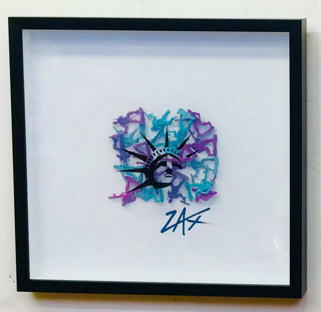 E.M. ZAX "Liberty" Hand painted sculpture: E.M. ZAX "Liberty". Original one of a kind hand painted 3d wall sculpture.Measures 14x14x2 . Hand signed by the artist. COA included.
