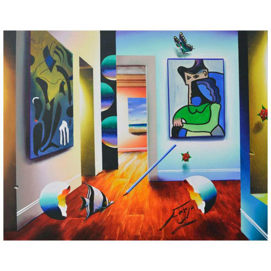 Ferjo, "Picasso and Miro" Original Painting on Canvas,: "Picasso and Miro" is an original painting, oil on stretched canvas, by Ferjo. Hand signed by the artist, this piece comes with a letter of authenticity. Measures approx. 22" x 28" (image). Reference 