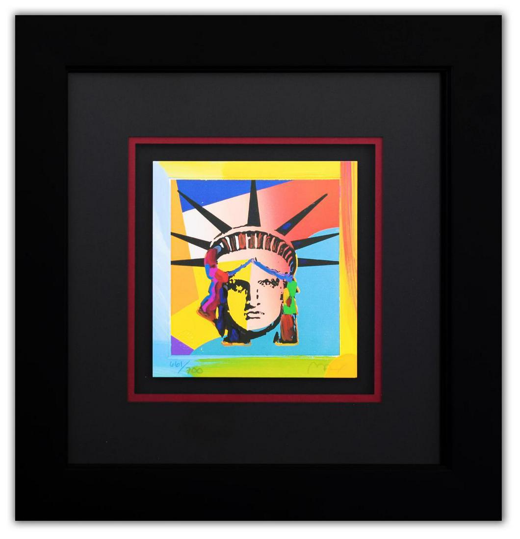 Peter Max- Original Lithograph "Liberty Head X (Mini)": Artist: Peter Max. Medium: Original Lithograph. Title: Liberty Head X (Mini). Size (Unframed): 7" x 7". Size (Framed): 16" x 16". Limited Edition: Numbered 661/700. Certificate of Authenticity: From P