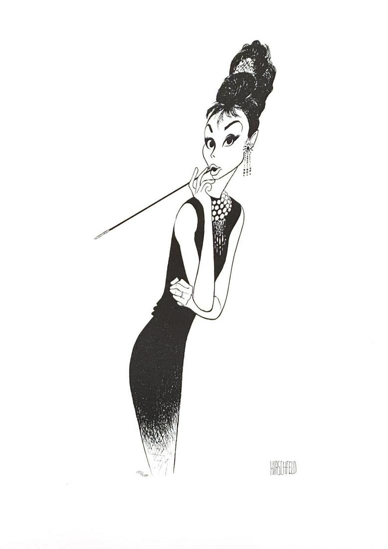 Al Hirschfeld- Original Lithograph on Paper "Audrey: Artist: Al Hirschfeld. Medium: Original Lithograph on Paper. Title: Audrey Hepburn. Size (Unframed): 18" x 22". Certificate of Authenticity: Is Included. Additional: Plate Signed and numbered.