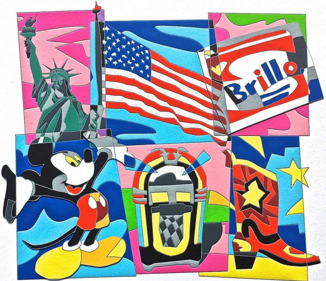 Ugo Nespolo "AMERICAN DREAM" Original Serigraph: Artist: Ugo Nespolo. Medium: Original Serigraph. Title: AMERICAN DREAM. Size: 50x50cm. Hand Signed and Numbered. Artist and Composer Mark Kostabi was born in Los Angeles in 1960 to Estonian immigrants