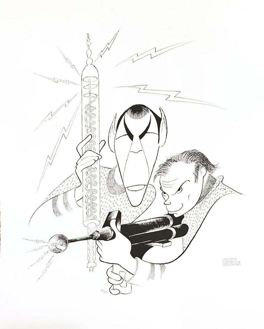 Al Hirschfeld- Original Lithograph on Paper "Star Trek: Artist: Al Hirschfeld. Medium: Original Lithograph on Paper. Title: Star Trek - Captain Kirk and Spock. Size (Unframed): 18" x 22". Certificate of Authenticity: Is Included. Additional: Plate Signed a