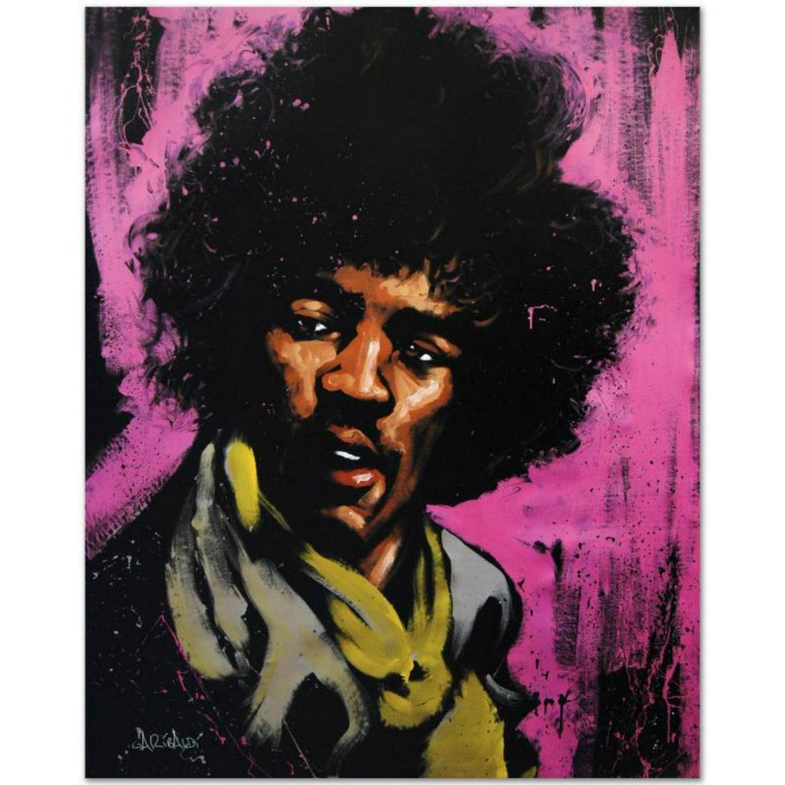 "Jimi Hendrix (Purple Haze)" Limited Edition Giclee on: Combining his passions for music and art, David Garibaldi creates stunning visual poetry. "Jimi Hendrix (Purple Haze)" is a limited edition giclee on stretched canvas, numbered and bearing the artist'