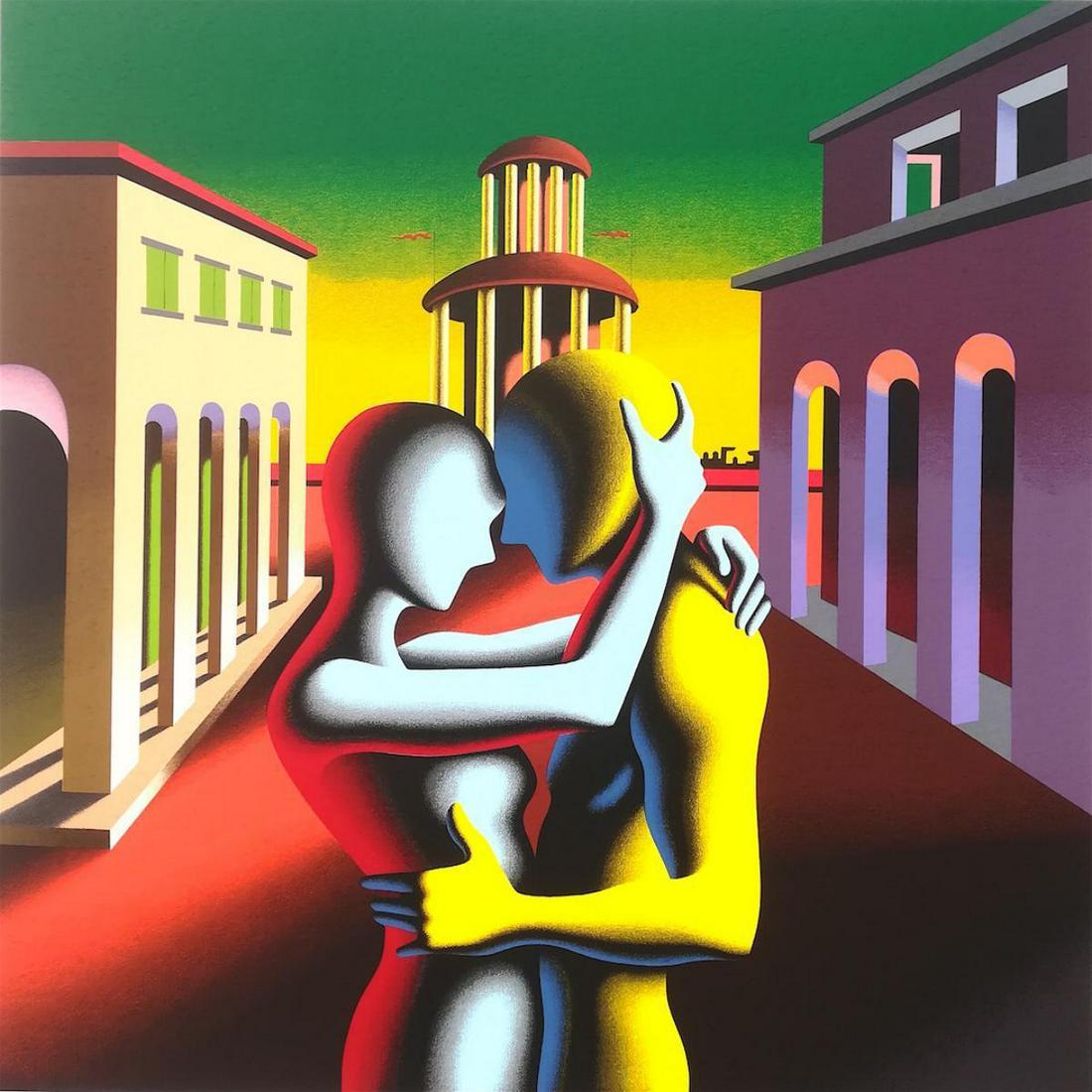 Mark Kostabi "TWILIGHT EMBRACE" Original Serigraph: Artist: Mark Kostabi. Medium: Original Serigraph. Title: TWILIGHT EMBRACE. Size: 70x70cm. Hand Signed and Numbered. Artist and Composer Mark Kostabi was born in Los Angeles in 1960 to Estonian immigra