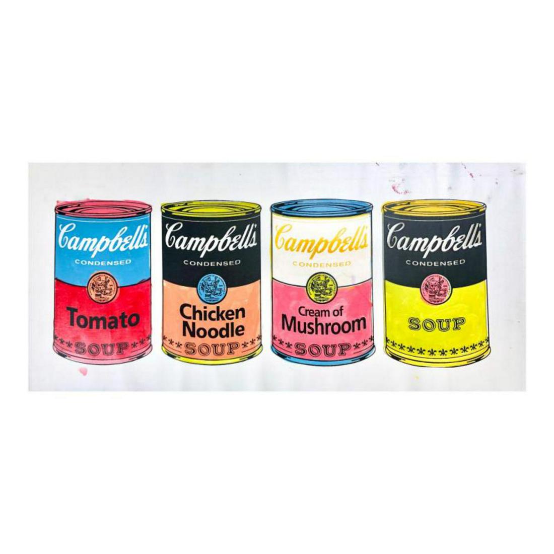 Steve Kaufman (1960-2010), "4 Soup Cans" Hand Signed: "4 Soup Cans" is limited edition hand pulled silkscreen unique mixed media on canvas by Andy Warhol protege Steve Kaufman (1960-2010). This piece is numbered and hand signed inverso and includes a let