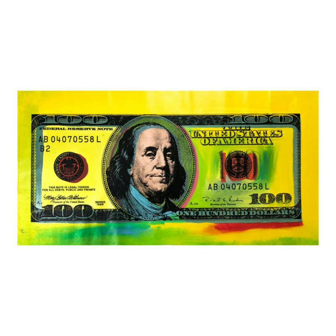 Steve Kaufman (1960-2010), "100 Dollar New Ben Bill": "100 Dollar New Ben Bill" is limited edition hand pulled silkscreen unique mixed media on canvas by Andy Warhol protege Steve Kaufman (1960-2010). This piece is numbered and hand signed inverso and in