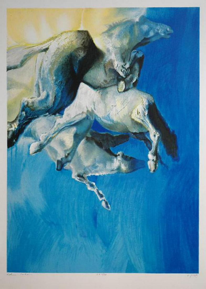 Edwin Salomon- Original Serigraph "Wild Horses in Blue": Artist: Edwin Salomon. Medium: Original Serigraph. Title: Wild Horses in Blue. Size (Unframed): 32.5" x 23.5". Certificate of Authenticity: From the publisher.