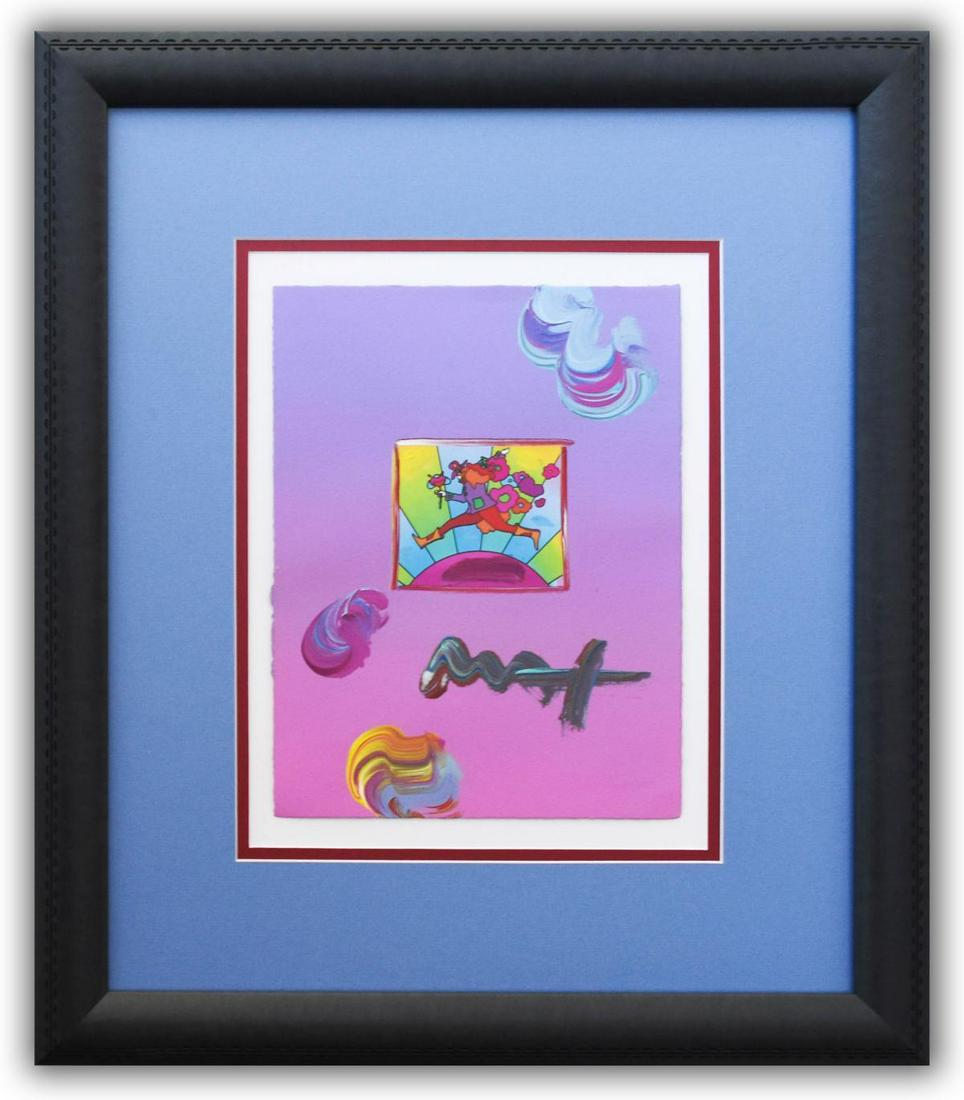 Peter Max- Original Mixed Media "Flower Jumper Over: Artist: Peter Max. Medium: Original Mixed Media. Title: Flower Jumper Over Sunrise 2006 Ver. I #102. Size (Unframed): 11" x 8.5". Size (Framed): 21.5" x 18.5". Certificate of Authenticity: From Peter