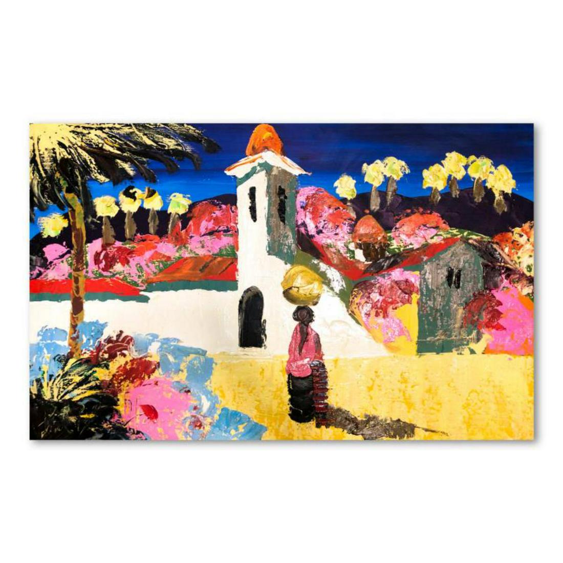 Paul Blaine Henrie (1932-1999), "Mexican Mission" Hand: "Mexican Mission" is an original oil painting on stretched canvas by Paul Blaine Henrie (1932-1999). The piece is hand signed by the artist and comes with a letter of authenticity. Please note that du
