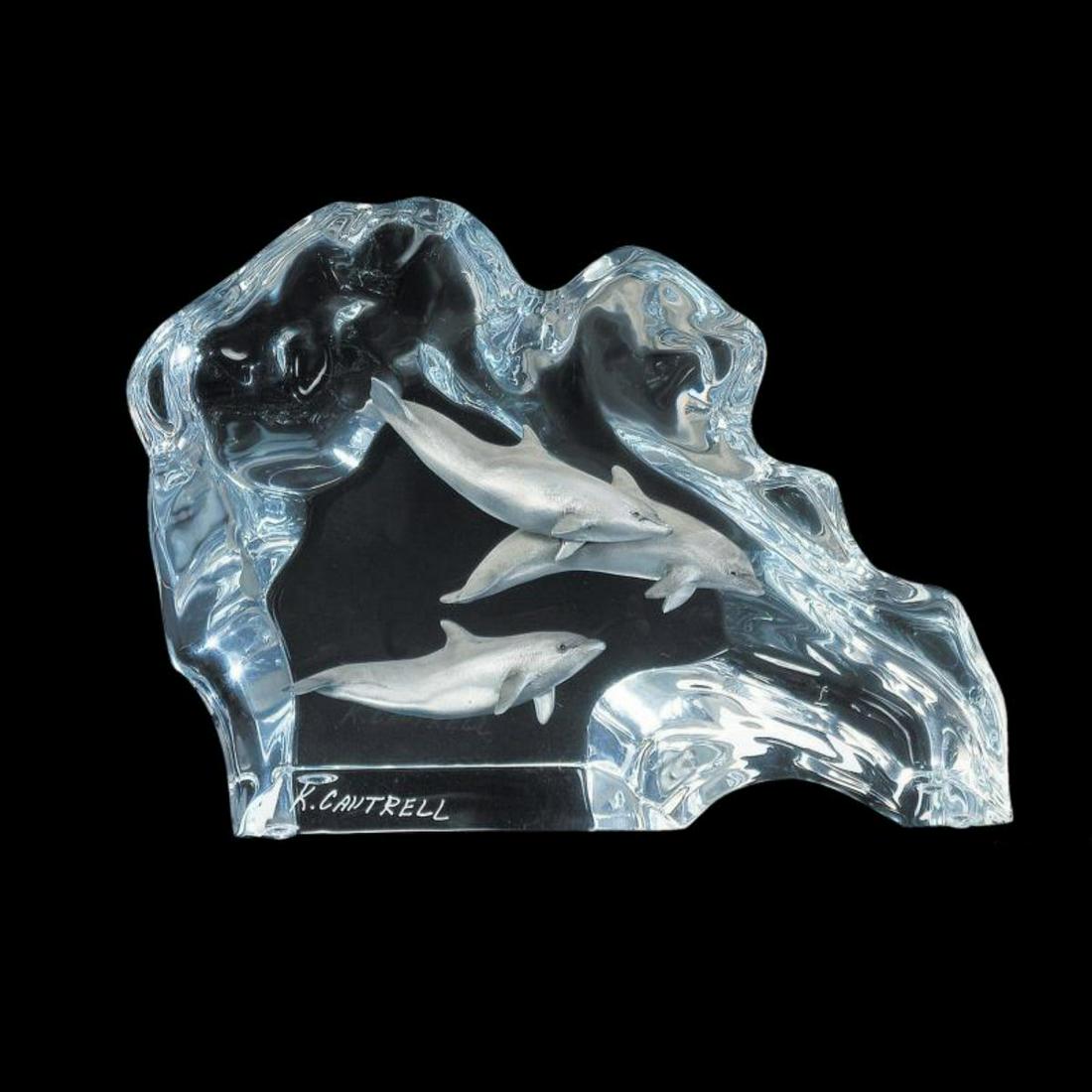 Kitty Cantrell, "Dolphin Wave" Mixed Media Lucite: "Dolphin Wave" is a mixed media lucite sculpture by Kitty Cantrell. Engraved with the artists signature, this piece comes with a certificate of authenticity. Measures approximately 6.5" x 5" x 1.75". 