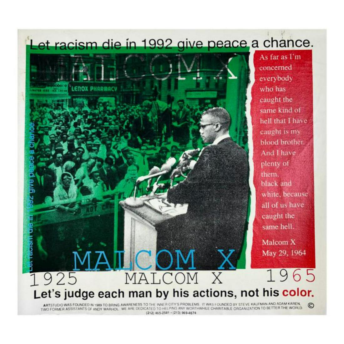 Steve Kaufman (1960-2010), "Malcolm X (3)" Hand Signed: "Malcolm X (3)" is limited edition hand pulled silkscreen unique mixed media on canvas by Andy Warhol protege Steve Kaufman (1960-2010). This piece is numbered and hand signed inverso and includes a l