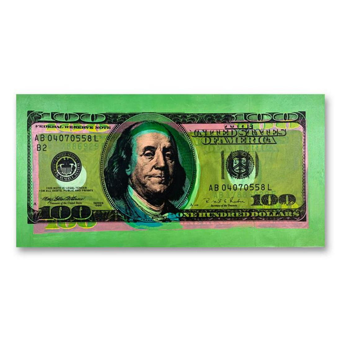 Steve Kaufman (1960-2010), "One Hundred Dollar New Ben: "One Hundred Dollar New Ben Bill " is an HC edition hand pulled silkscreen mixed media on canvas by Andy Warhol protege Steve Kaufman (1960-2010). This piece is marked HC and hand signed inverso. Incl