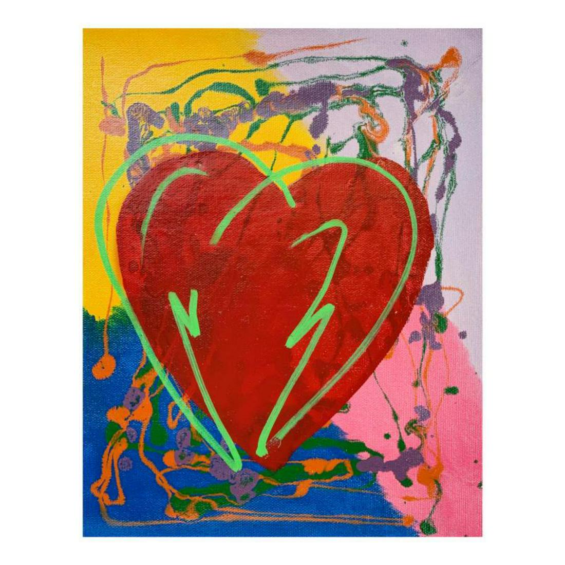Steve Kaufman (1960-2010), "Mini Heart" Hand Signed and: "Mini Heart" is limited edition hand pulled silkscreen unique mixed media on canvas by Andy Warhol protege Steve Kaufman (1960-2010). This piece is numbered and hand signed inverso and includes a lett