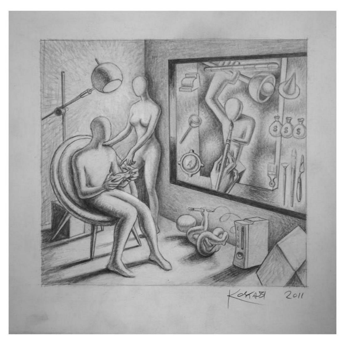 Mark Kostabi "The Kid Stays in the Picture" Hand Signed: "The Kid Stays in the Picture" is an original artwork, pencil on paper, by Mark Kostabi. The piece is hand signed and comes with a certificate of authenticity. Measures approximately10" x 10.5". Refer