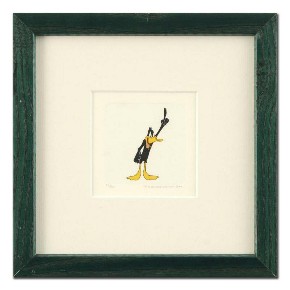 "Daffy Duck (With Hand Up)" Framed Limited Edition: "Daffy Duck (With Hand Up)" is a limited edition etching on paper with hand-tinted coloring from Warner Bros, numbered and dated 1999. This piece comes framed. Measures approx. 8.5" x 8.5" (with frame