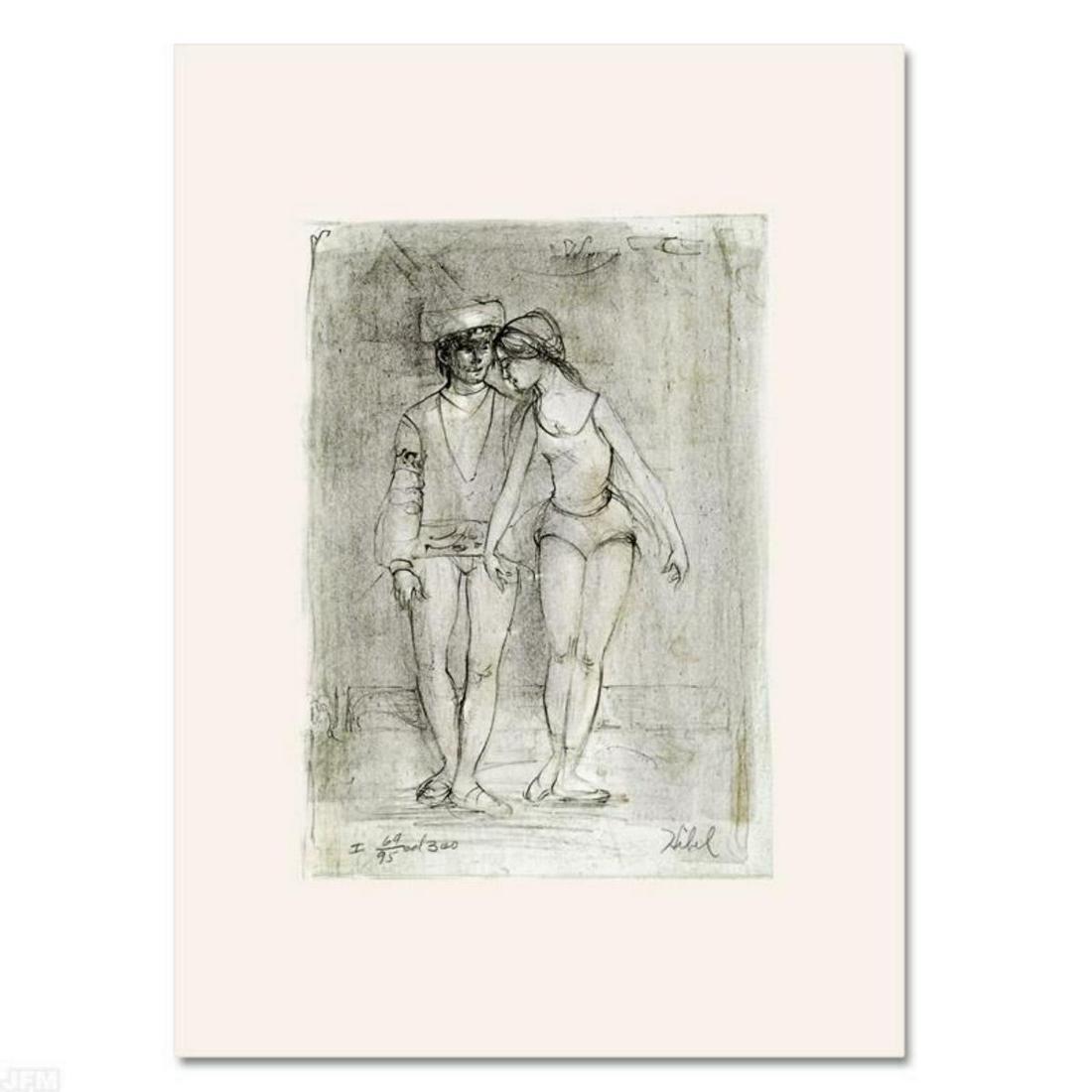 "Two Dancers" Limited Edition Lithograph by Edna Hibel: Wild lines and muted colors make Edna Hibel's art stand out in any room. "Two Dancers" is a limited edition lithograph on paper, numbered and hand signed by Hibel (1917-2014). Includes Certificate of 
