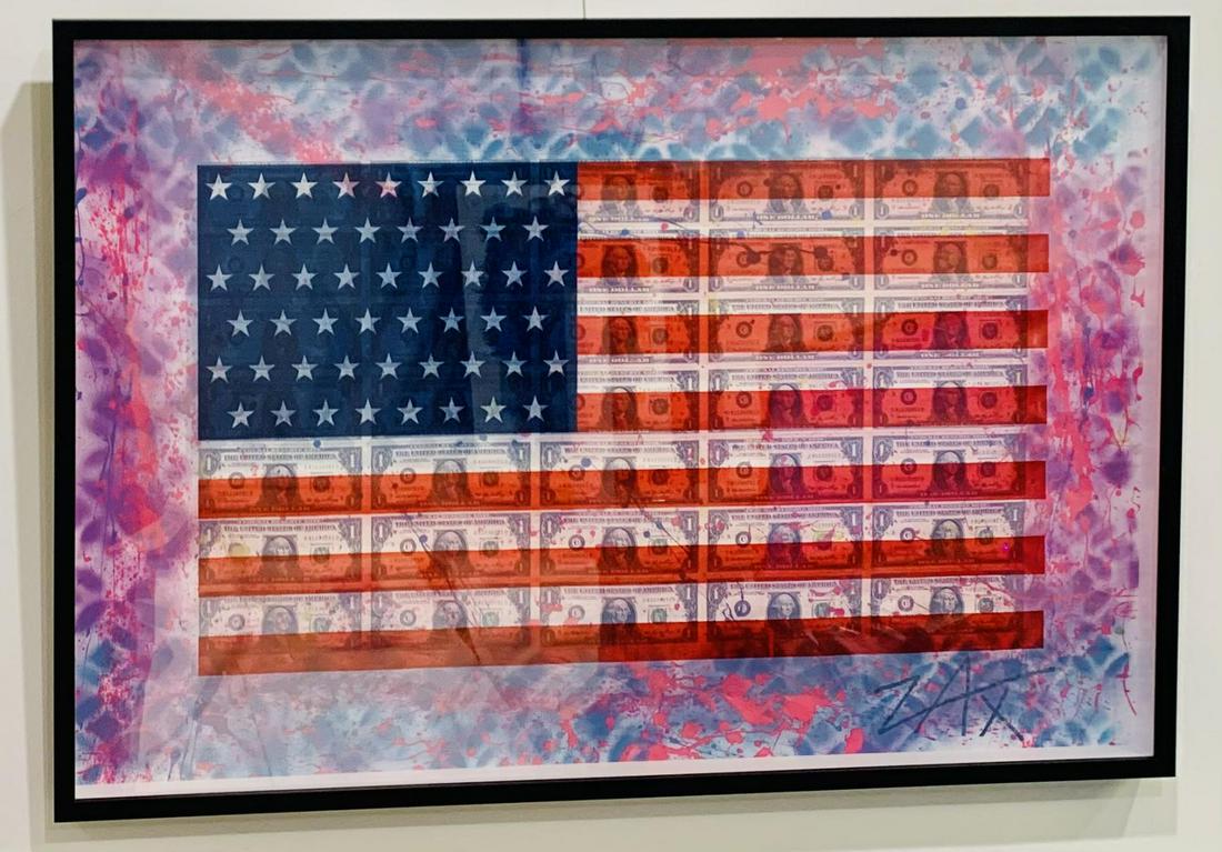 E.M. Zax One of a kind 3D Mixed Media "Flag & Money": Artist: E.M. Zax. Medium: One of a kind 3D Mixed Media. Title: Flag & Money. Signature: Hand Signed. Frame Size: 24x32". Certificate of authenticity: Is included. Reference# 30407.