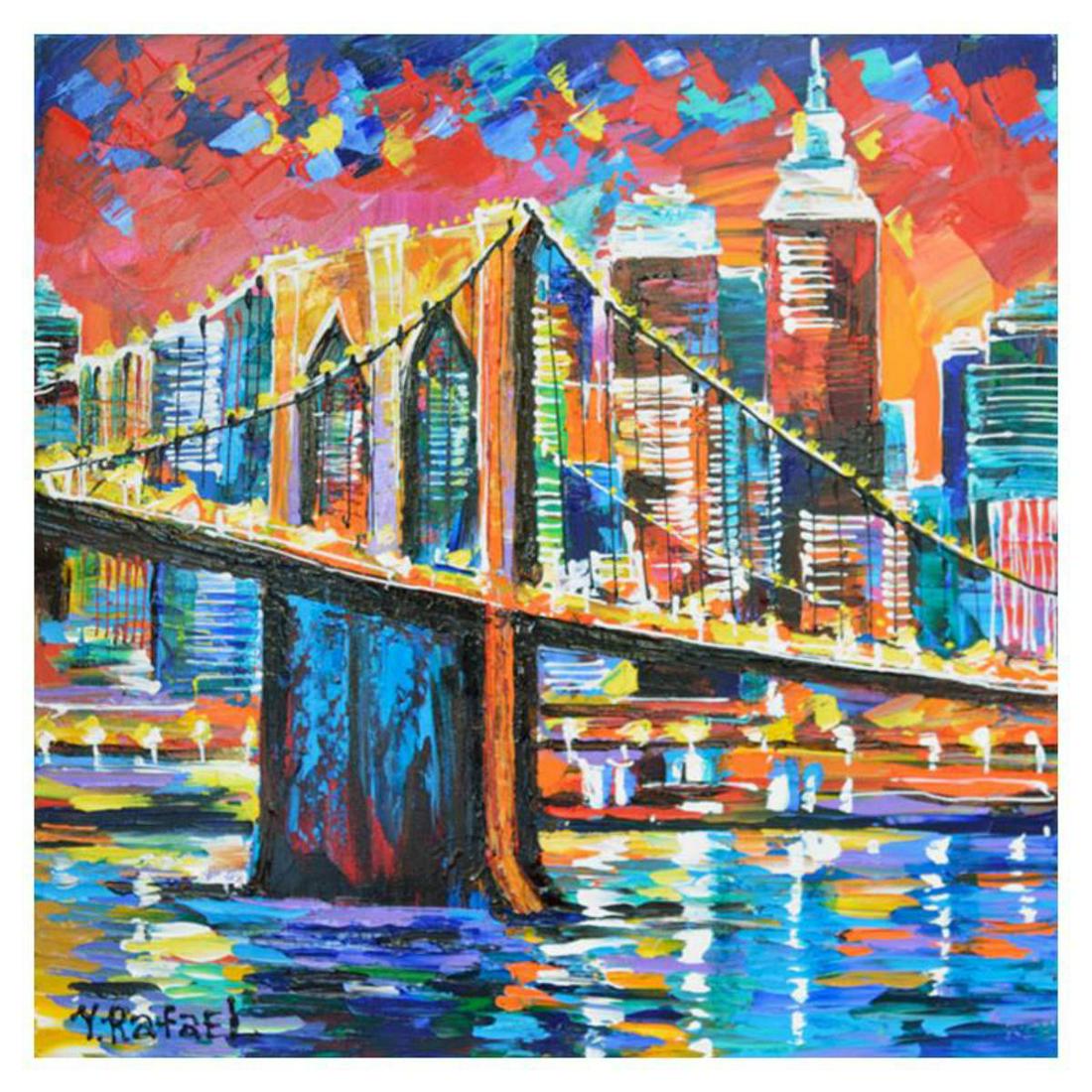 Yana Rafael, "The City Never Sleeps" Hand Signed: "The City Never Sleeps" is an original painting, acrylic on stretched canvas, by Yana Rafael. Hand signed by the artist, this piece is accompanied by certificate of authenticity and measures approxima