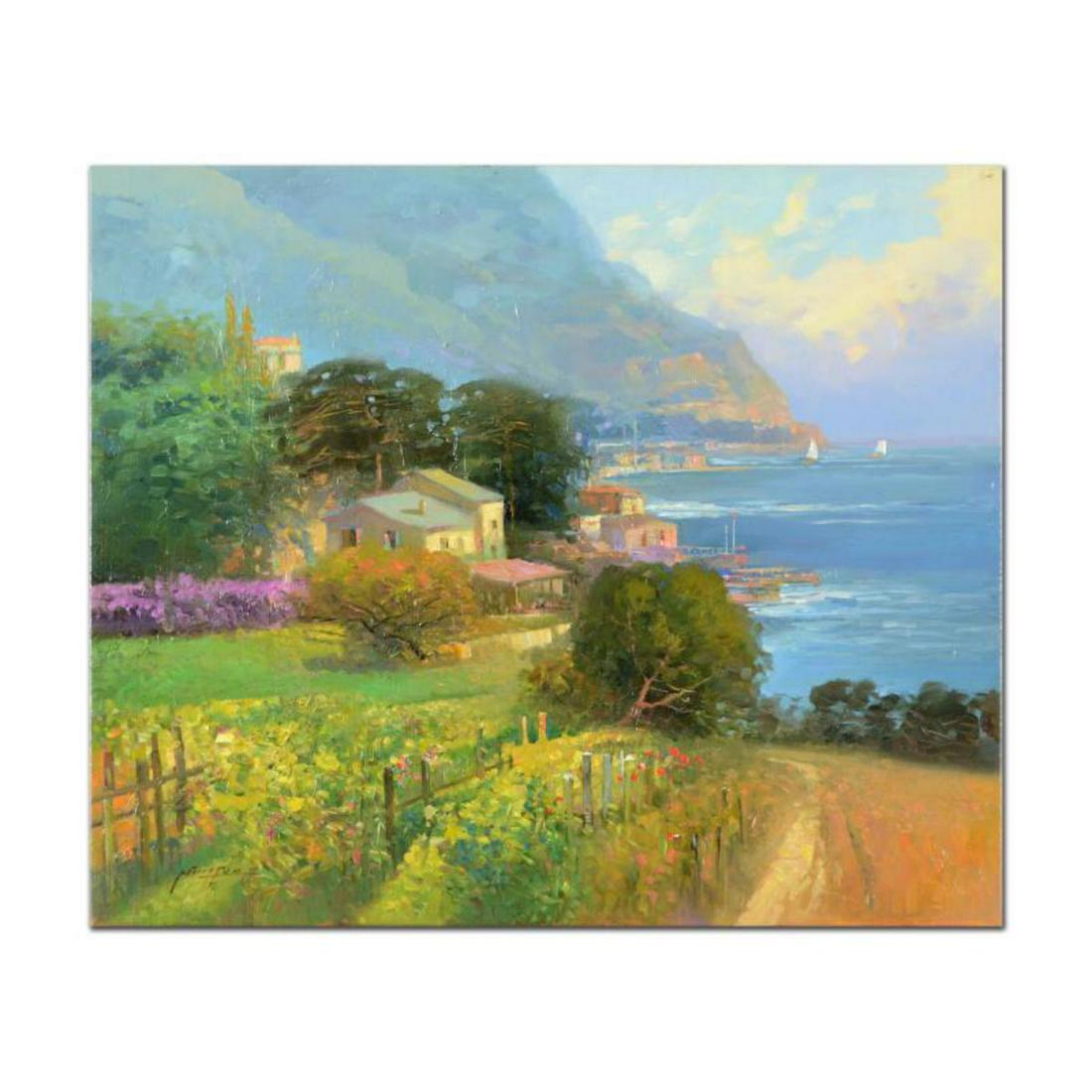 Ming Feng, "Dolphin Bay" Original Oil Painting on: "Dolphin Bay" is an original oil painting on stretched canvas by Ming Feng, hand signed by the artist. Includes Letter of Authenticity. Measures approx. 24" x 20" (image). Reference #: 239082