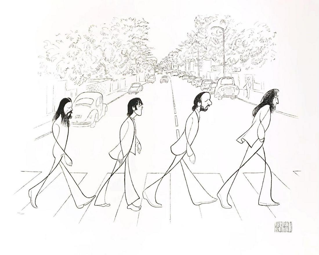 Al Hirschfeld- Original Lithograph on Paper "Beatles,: Artist: Al Hirschfeld. Medium: Original Lithograph on Paper. Title: Beatles, Abbey Road. Size (Unframed): 18" x 22". Certificate of Authenticity: Is Included. Additional: Plate Signed and numbered.