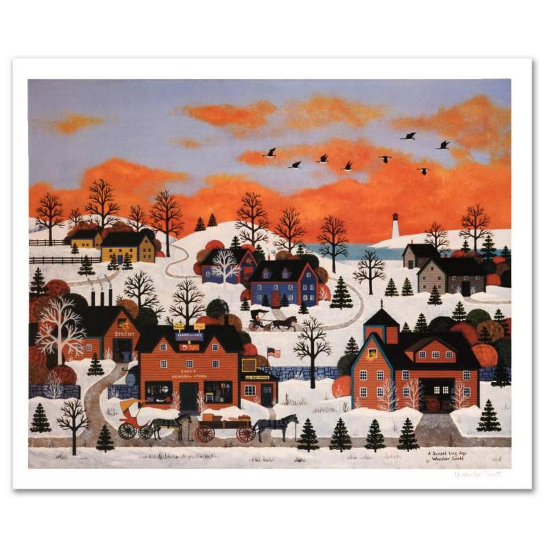 Jane Wooster Scott, "A Sunset Long Ago" Hand Signed: Cozy, down-home images of a bygone era when life was simpler - this is the feeling captured in the creations of one of the world's most recognized artists. "A Sunset Long Ago" is a limited edition lit