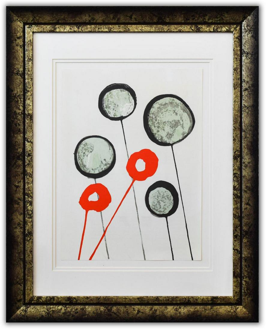 Alexander Calder- Lithograph "DLM156 - Ballons": Artist: Alexander Calder. Medium: Lithograph. Title: DLM156 - Ballons. Size (Unframed): 15" x 11". Size (Framed): 25" x 20". Certificate of Authenticity: Is included. Additional: Year : 1966. Referenc