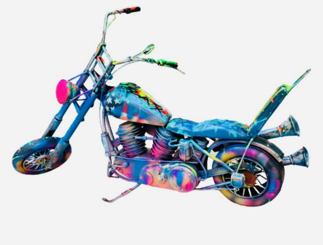 E.M. Zax- Hand Painted metal sculpture "Harley: Artist: E.M. Zax. Medium: Hand Painted metal sculpture . Title: Harley Davidson. Size (Unframed): 12" x 18". Certificate of Authenticity: Is included. Reference# 13619.