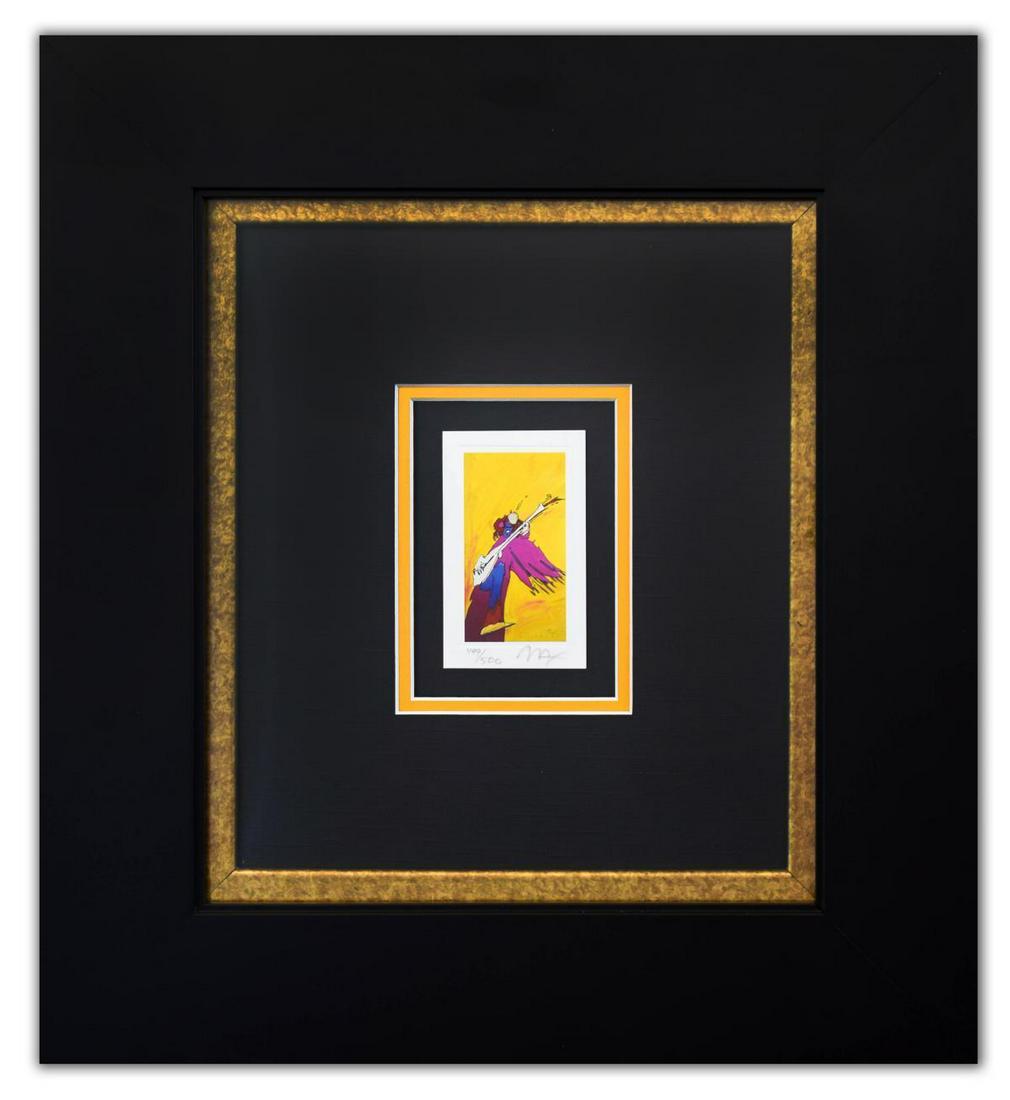 Peter Max- Original Lithograph "Hendrix II (Mini)": Artist: Peter Max. Medium: Original Lithograph. Title: Hendrix II (Mini). Size (Unframed): 3" x 2.5". Size (Framed): 18" x 16". Certificate of Authenticity: From Peter Max Studio. Additional: Custom f