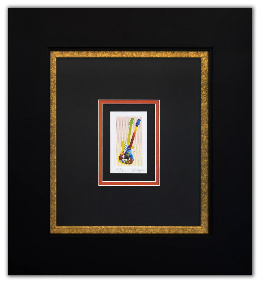 Peter Max- Original Lithograph "Rock-N-Roll Guitar: Artist: Peter Max. Medium: Original Lithograph. Title: Rock-N-Roll Guitar (Mini). Size (Unframed): 4" x 3". Size (Framed): 16" x 16". Certificate of Authenticity: From Peter Max Studio. Additional: Cu