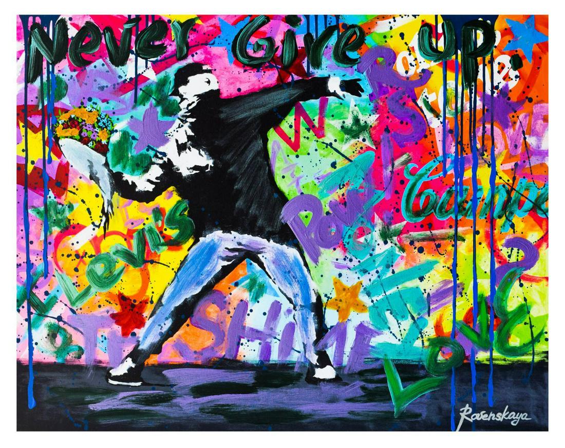 Nastya Rovenskaya- Mixed Media "Throwing Flowers": Artist: Nastya Rovenskaya. Medium: Mixed Media. Title: Throwing Flowers. Size (Unframed): 24" x 30". Certificate of Authenticity: From the publisher. Reference# 13892.