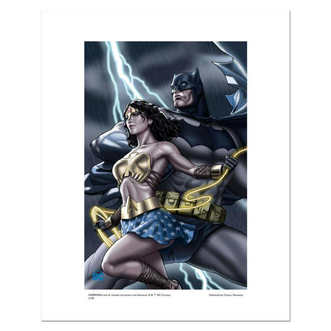 "Batman and Wonder Woman" Numbered Limited Edition: "Batman and Wonder Woman" is a limited edition giclee on paper licensed by DC Comics. Based on variant cover art done by Stanley Lau for the 2015 comic "Dark Knight III: The Master Race" of the same t