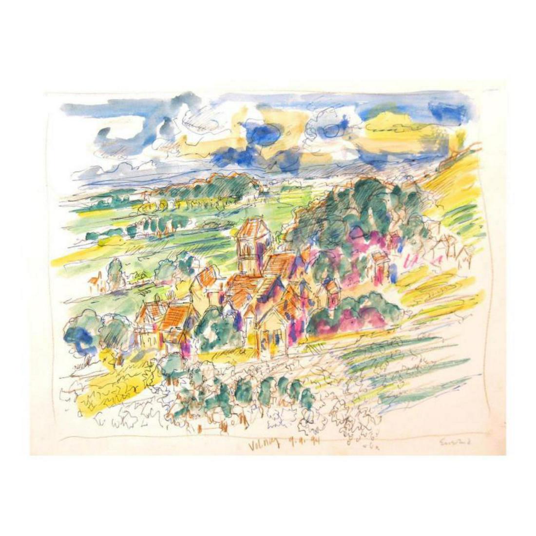 Wayne Ensrud "Village of Volnay, Burgundy" Mixed Media: "Village of Volnay, Burgundy" is an original Mixed Media on Paper by Wayne Ensrud. The piece is hand signed by the artist and comes with a Certificate of Authenticity. Measures approximately 13" x 16"
