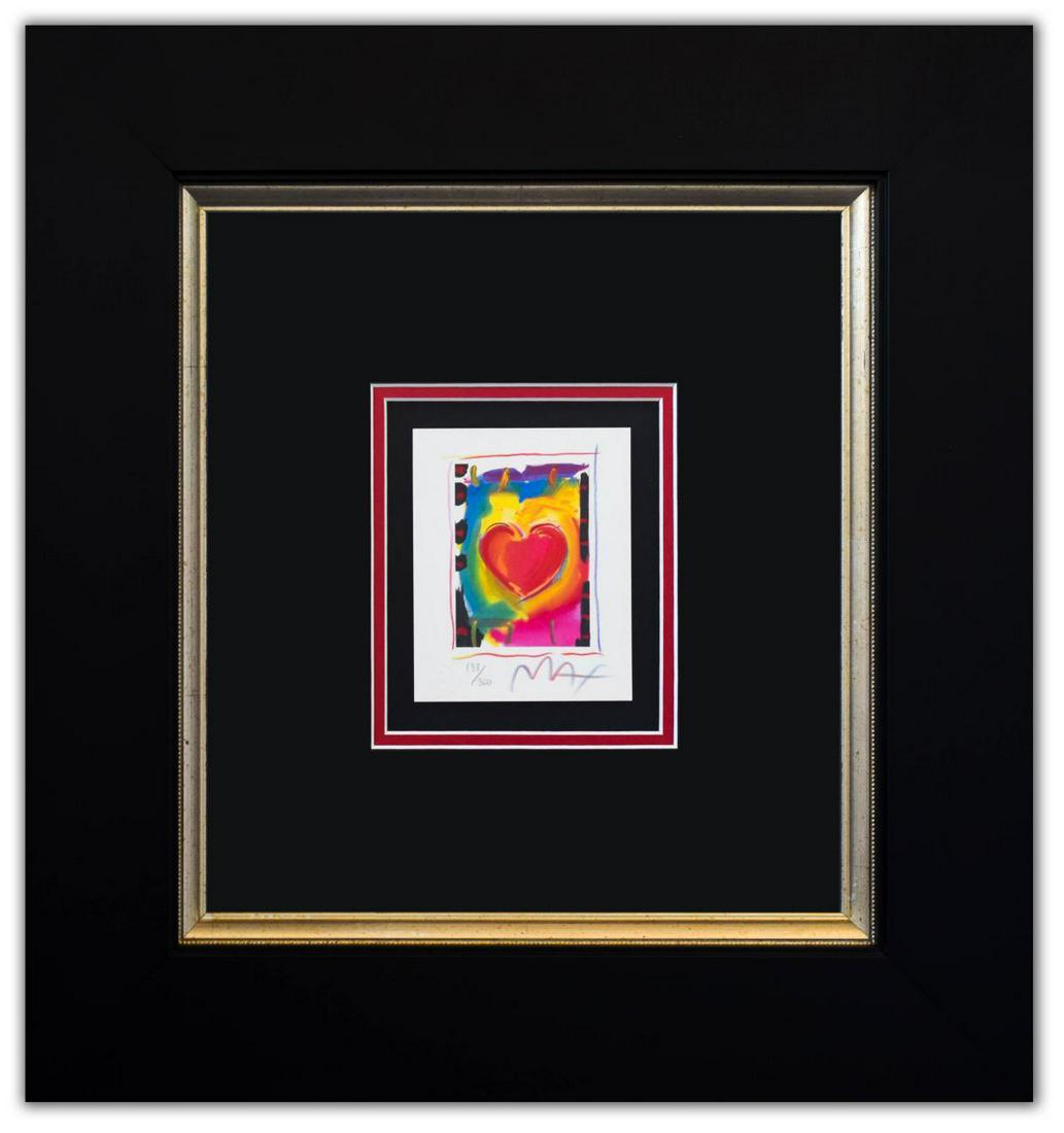 Peter Max- Original Lithograph "Heart Series I": Artist: Peter Max. Medium: Original Lithograph. Title: Heart Series I. Size (Unframed): 5" x 4". Size (Framed): 19.5" x 18.5". Certificate of Authenticity: From Peter Max Studio. Additional: Custom fr
