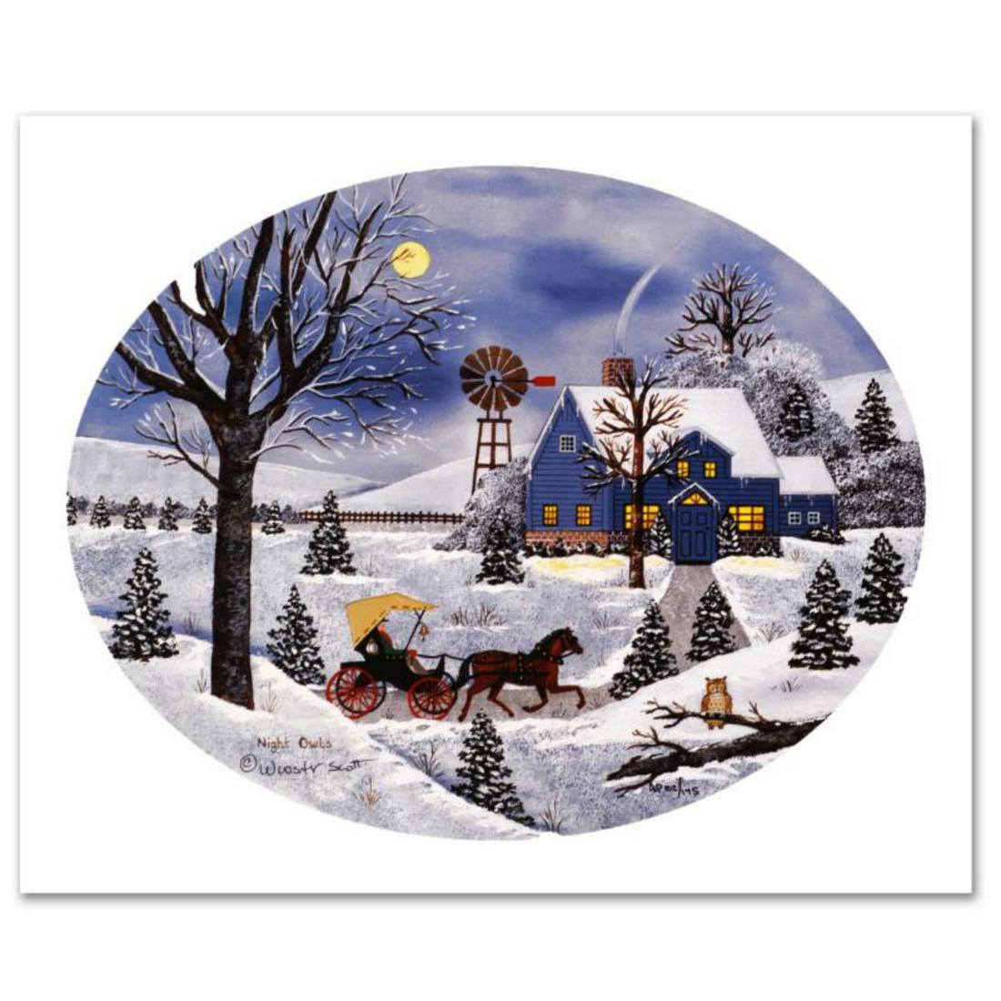 Jane Wooster Scott, "Night Owls" Hand Signed Limited: Cozy, down-home images of a bygone era when life was simpler - this is the feeling captured in the creations of one of the world's most recognized artists. "Night Owls" is a limited edition lithograph