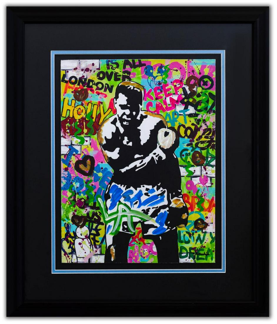 Nastya Rovenskaya- Original Mixed Media on Paper: Artist: Nastya Rovenskaya. Medium: Original Mixed Media on Paper. Title: Muhammad Ali. Size (Unframed): 20" x 16". Size (Framed): 25" x 20". Certificate of Authenticity: From the publisher. Additional