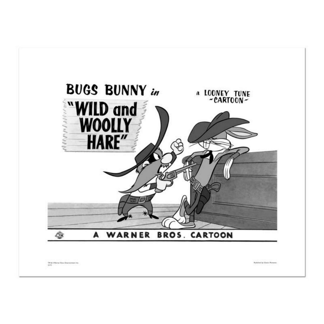 "Wild and Wooly, Bugs Fence" Numbered Limited Edition: "Wild and Wooly - Bugs Fence" is a limited edition giclee on paper from Warner Bros. featuring iconic Looney Tunes characters. The art was taken from an original Lobby Card used to promote "Wild and W